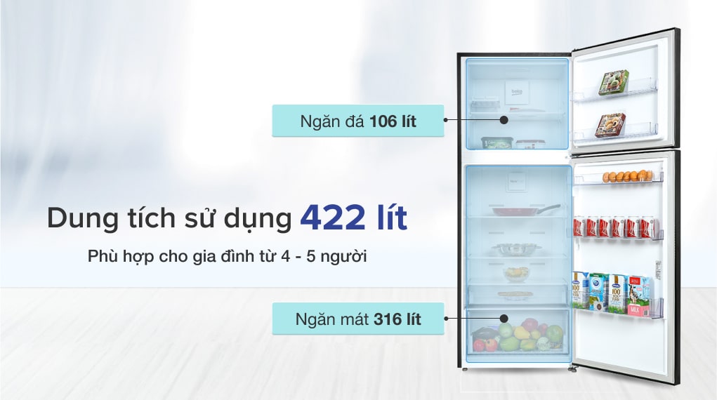 Dung tích 422 lít dành cho gia đình từ 4 -5 người - Tủ lạnh Beko Inverter 422 lít RDNT470I50VK