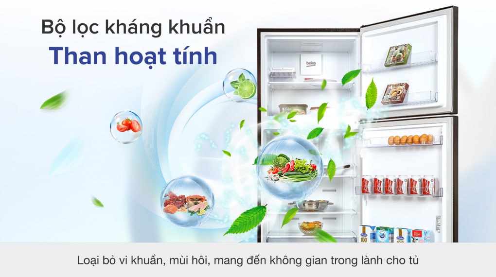 Ngăn ngừa vi khuẩn gây bệnh, bảo quản thực phẩm tươi ngon với bộ lọc mùi, kháng khuẩn than hoạt tính - Tủ lạnh Beko Inverter 422 lít RDNT470I50VK