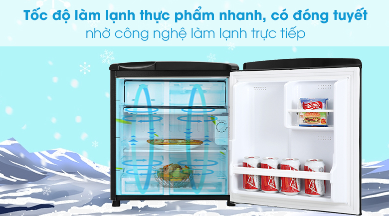 Tủ lạnh Aqua 50 lít AQR-D59FA(BS)-Tốc độ làm lạnh thực phẩm nhanh, tiết kiệm điện nhờ công nghệ làm lạnh trực tiếp