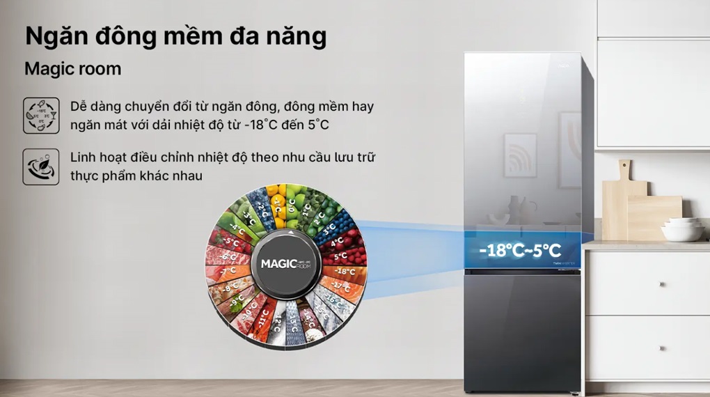 Tủ lạnh Aqua Inverter 292 lít AQR-B350MA(GM) - Ngăn đông mềm Magic Room chuyển đổi nhiệt độ linh hoạt để bảo quản thực phẩm tối ưu theo từng loại thực phẩm