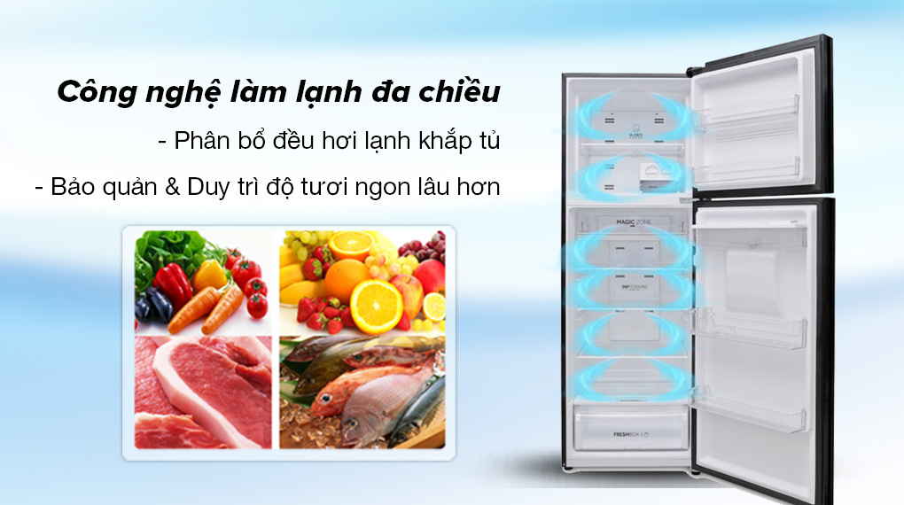 Tủ lạnh Aqua Inverter 347 lít AQR-T400FA(FB) - Công nghệ làm lạnh đa chiều giúp phân bổ khí lạnh đều khắp ngăn tủ, bảo quản thực phẩm tối ưu