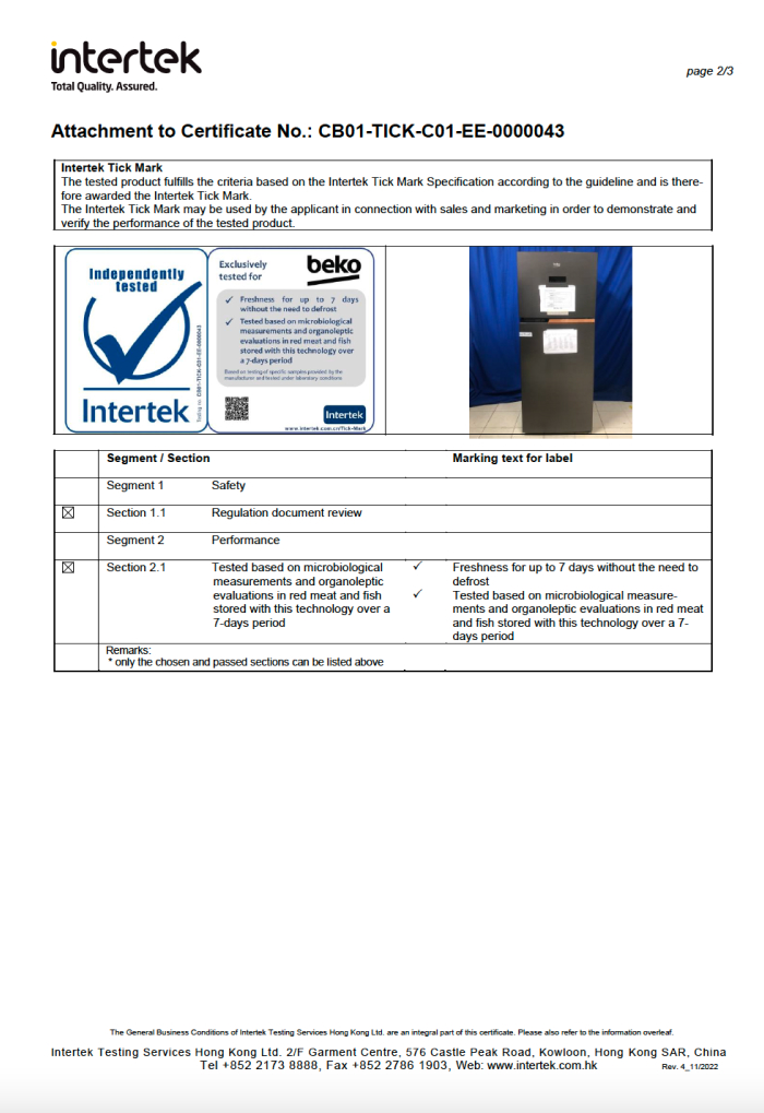 Tủ lạnh Beko Inverter 340 lít RDNT371E50VZDHFSU - Giấy chứng nhận